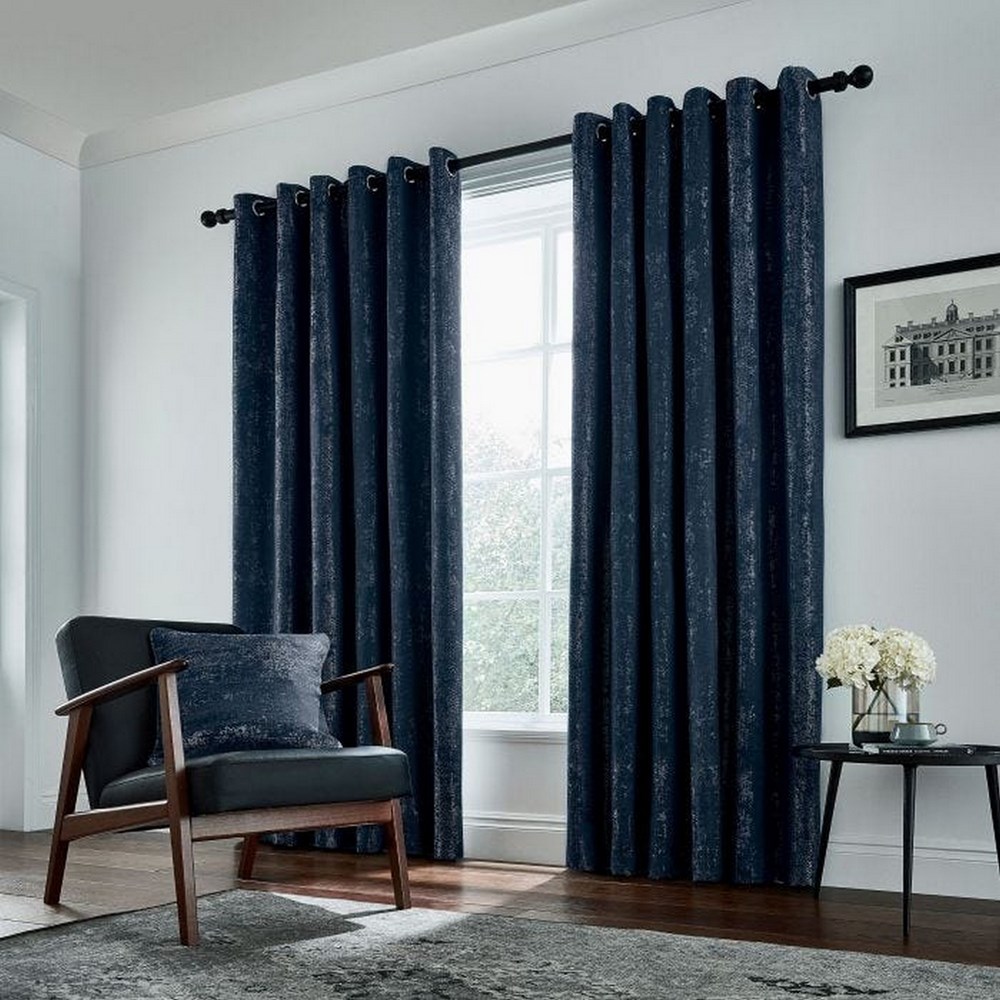 Roma Lined Eyelet Curtains in Navy Blue by Helena Springfield